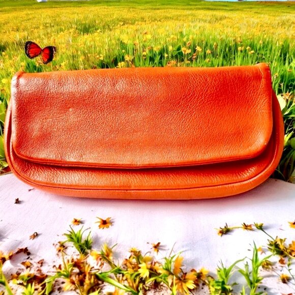 Vintage Orange Leather Clutch Purse Handbag Flap Top Zipper Suede Lined - Picture 5 of 10